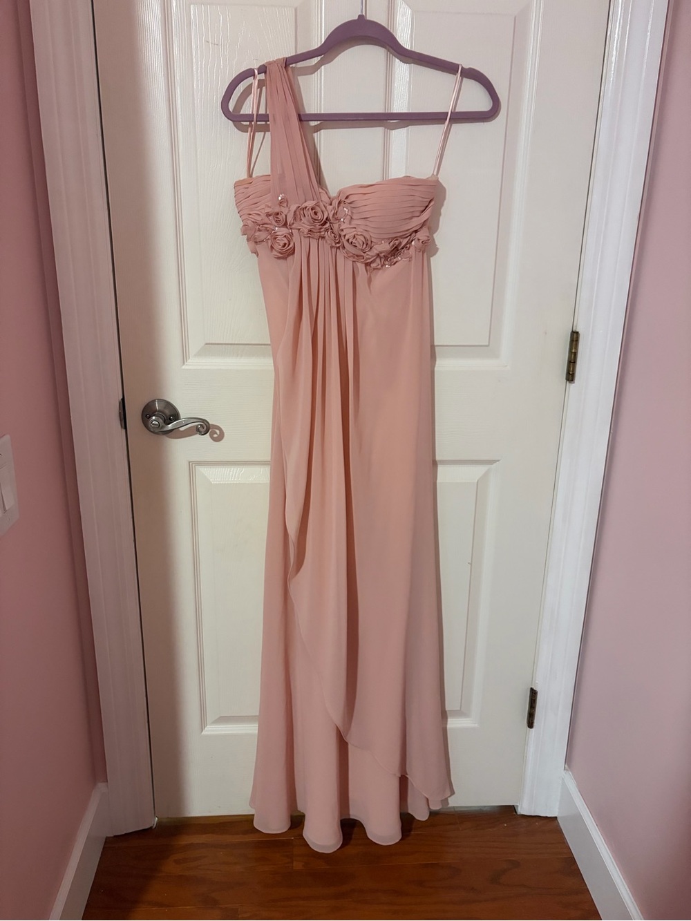 One-Shoulder Rose-Embellished Maxi Dress in Blush Pink